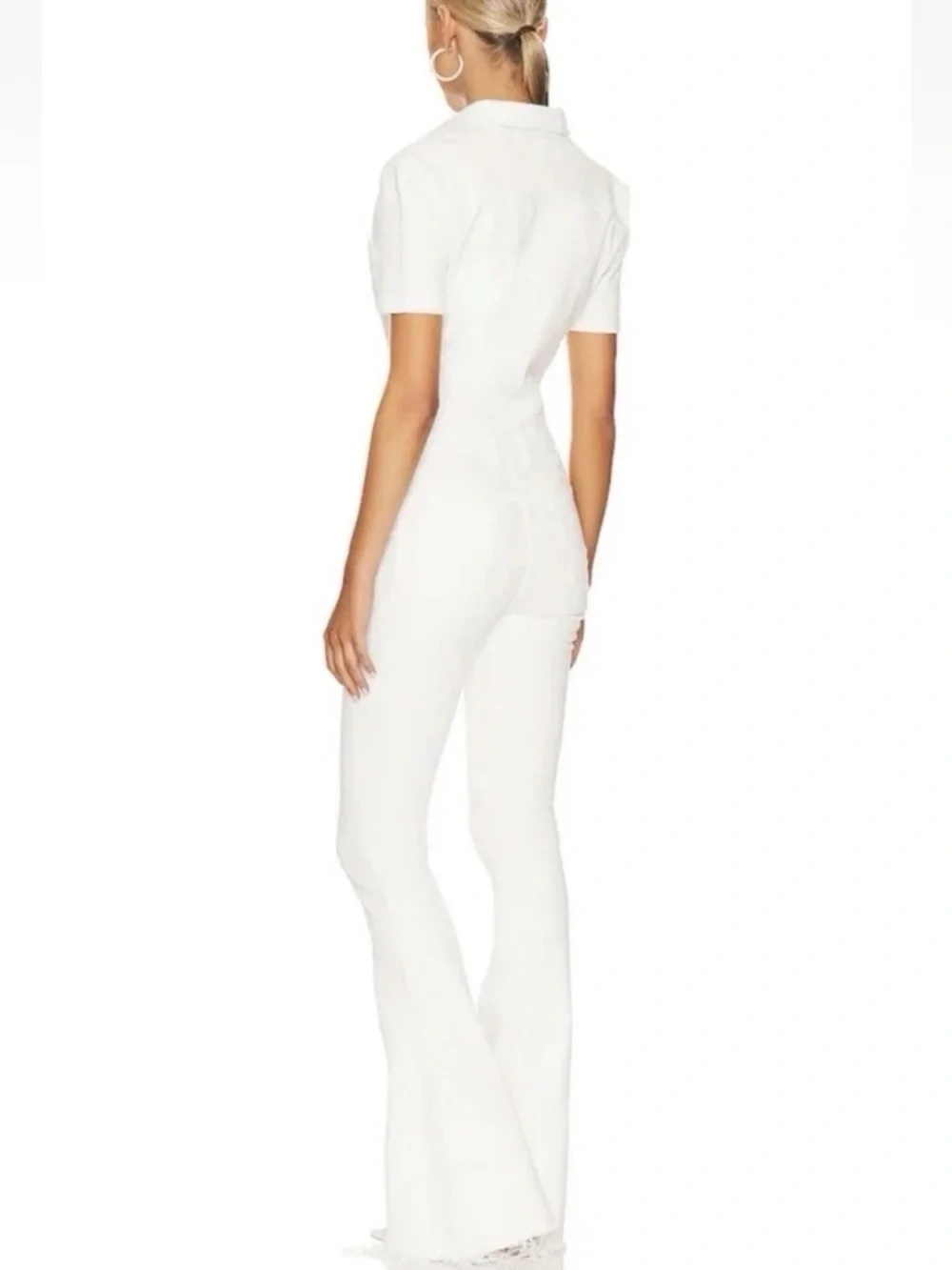 SER.O.YA Fallon White Denim Jumpsuit X Small Flare Frayed Slit Stretch $395. F